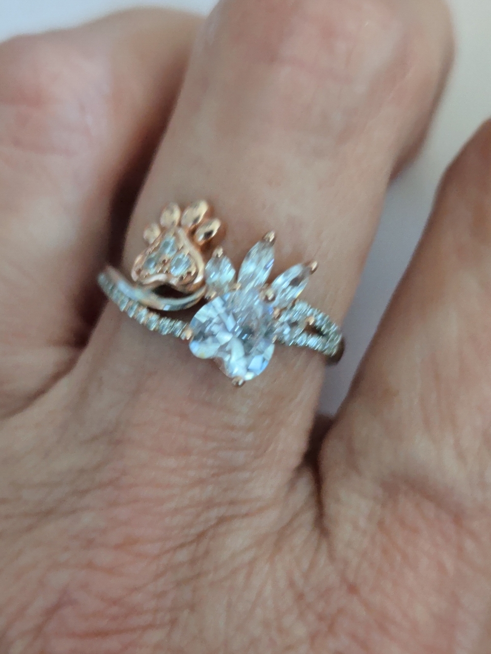 Rose Gold Paw & Flower Cubic Zirconia Ring - Rose Gold